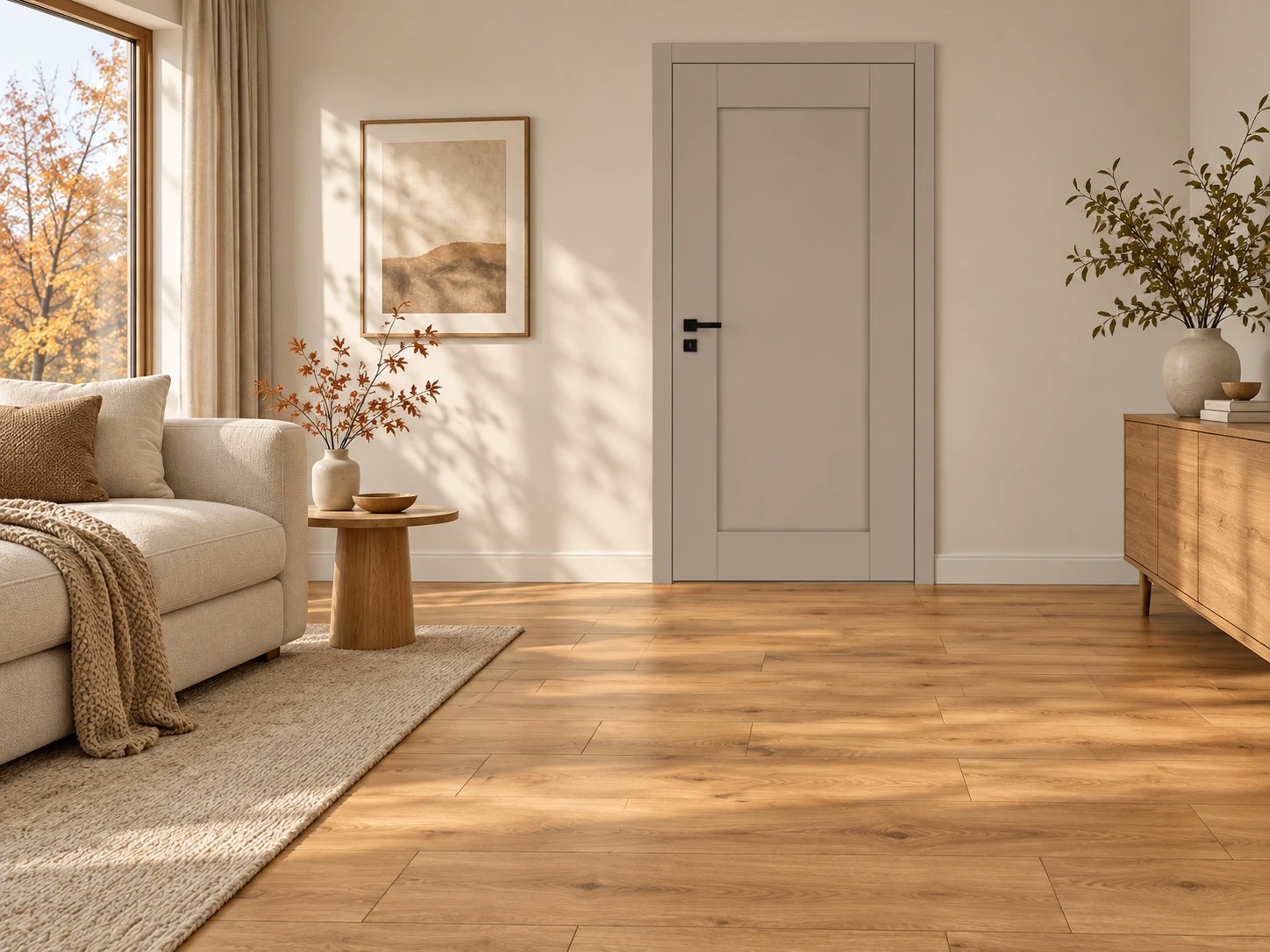 Ciepły dąb i kaszmir — aranżacja z produktami Classen Rustic Oak Natural, DRE Estra kaszmir