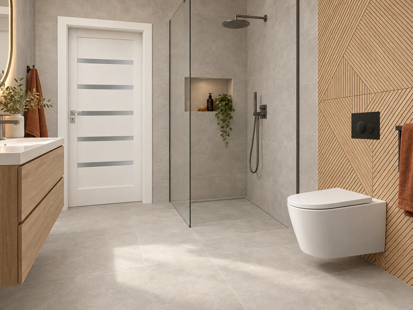 Jasna łazienka, mocny detal — aranżacja z produktami Silver Peak Light Grey, Woodray Beige, Porta Verte Home, Cersanit System 50 + Koral
