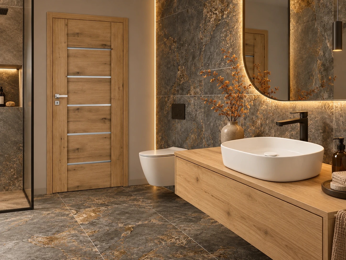 Grafit i naturalne drewno — aranżacja z produktami Stone Galaxy Graphite, Cersanit City 47, DRE Auri