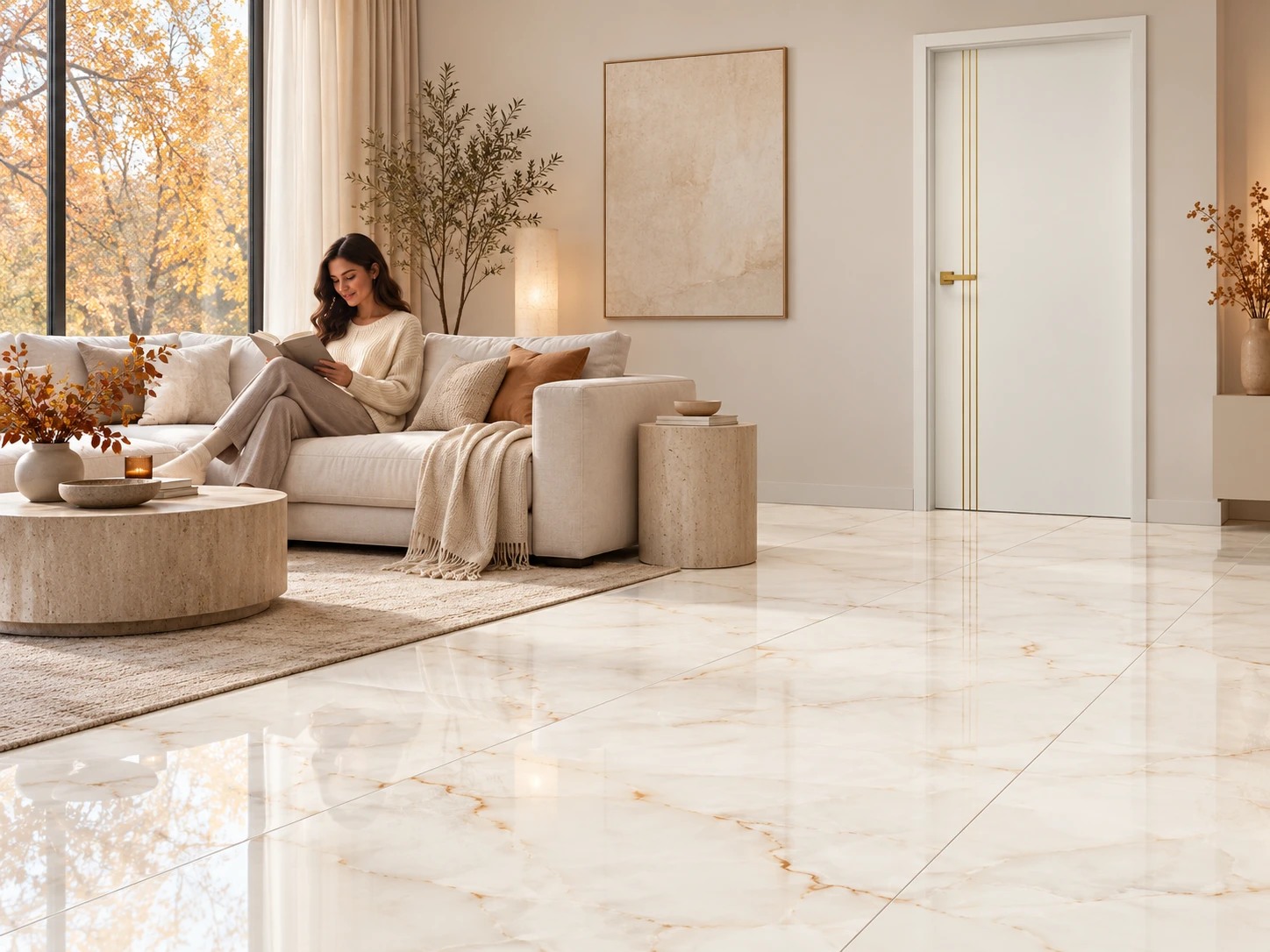 Salon pełen światła — aranżacja z produktami Livi Snowy Stone, Porta Line